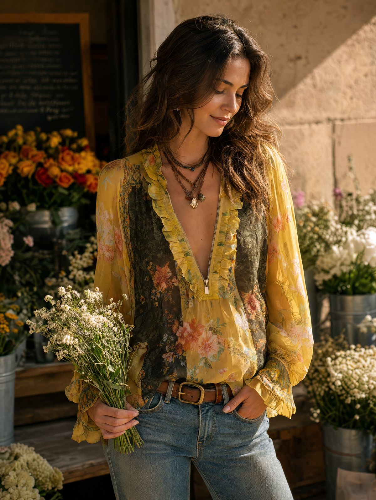 Aude - Zip-Front Floral Chiffon Blouse