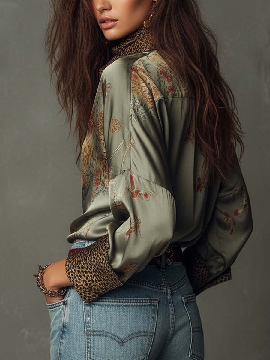 Capucine - Leopard Trim Satin Shirt