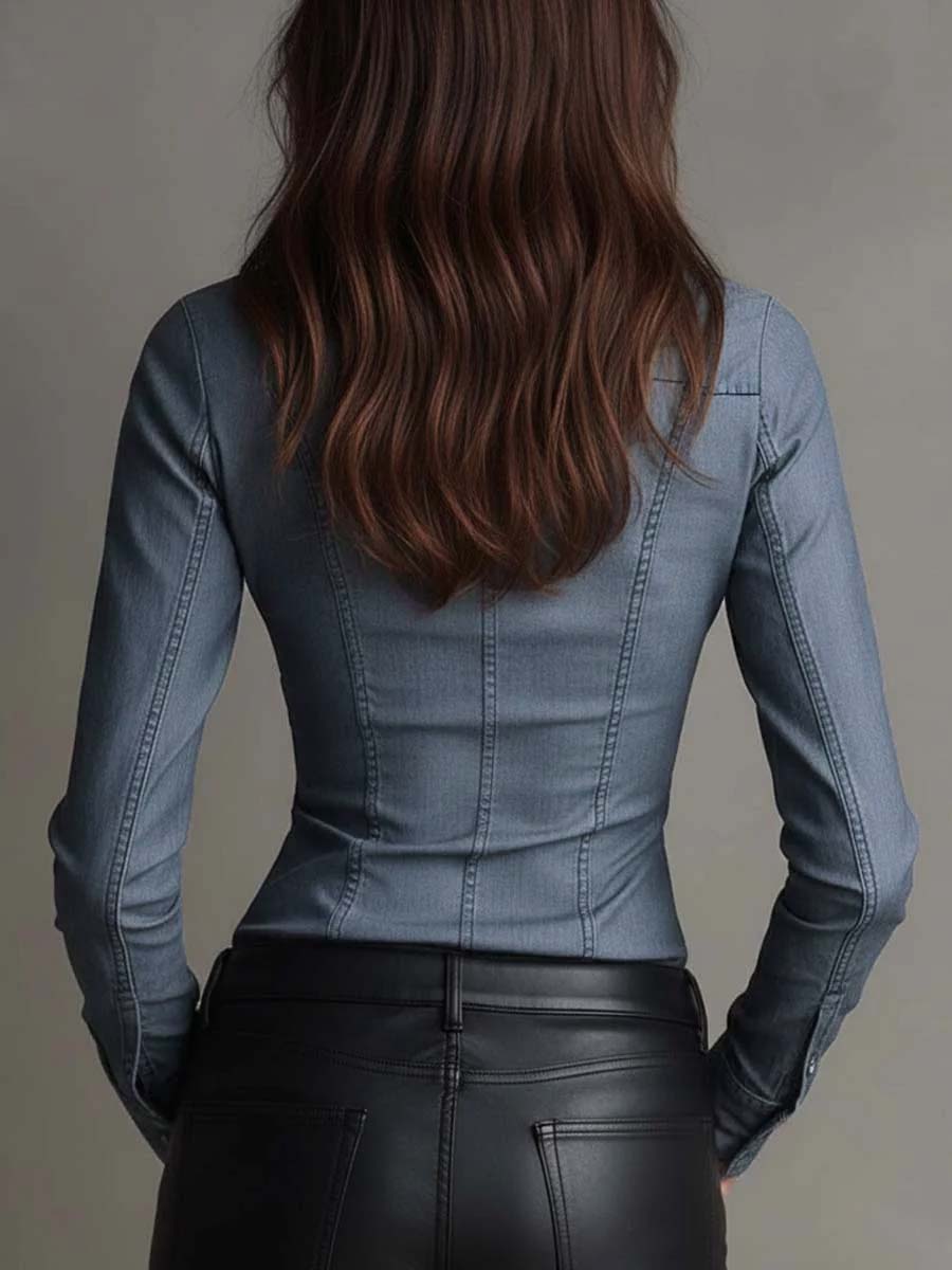 Adrienne - Ruched Waist Denim Shirt