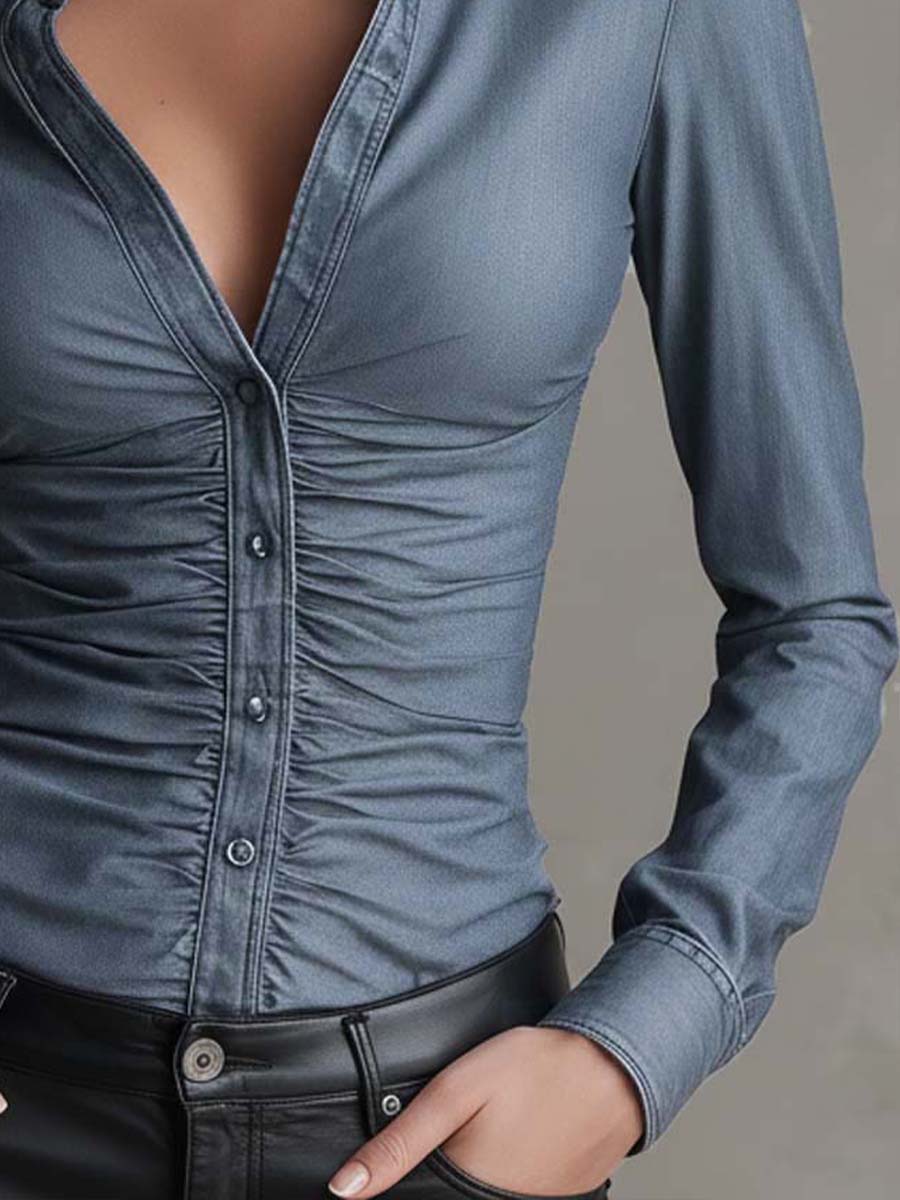 Adrienne - Ruched Waist Denim Shirt