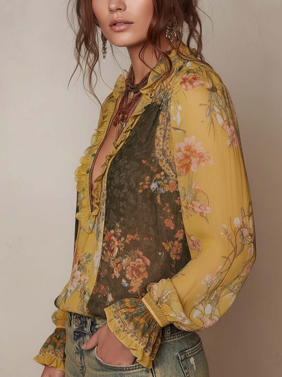 Aude - Zip-Front Floral Chiffon Blouse