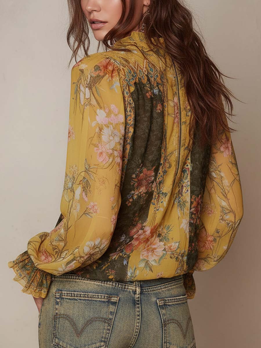 Aude - Zip-Front Floral Chiffon Blouse