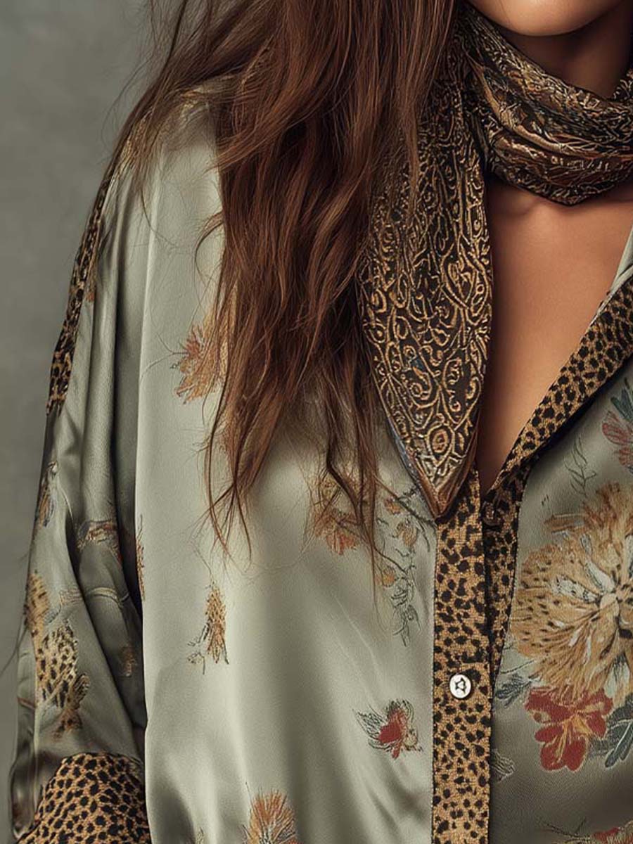 Capucine - Leopard Trim Satin Shirt