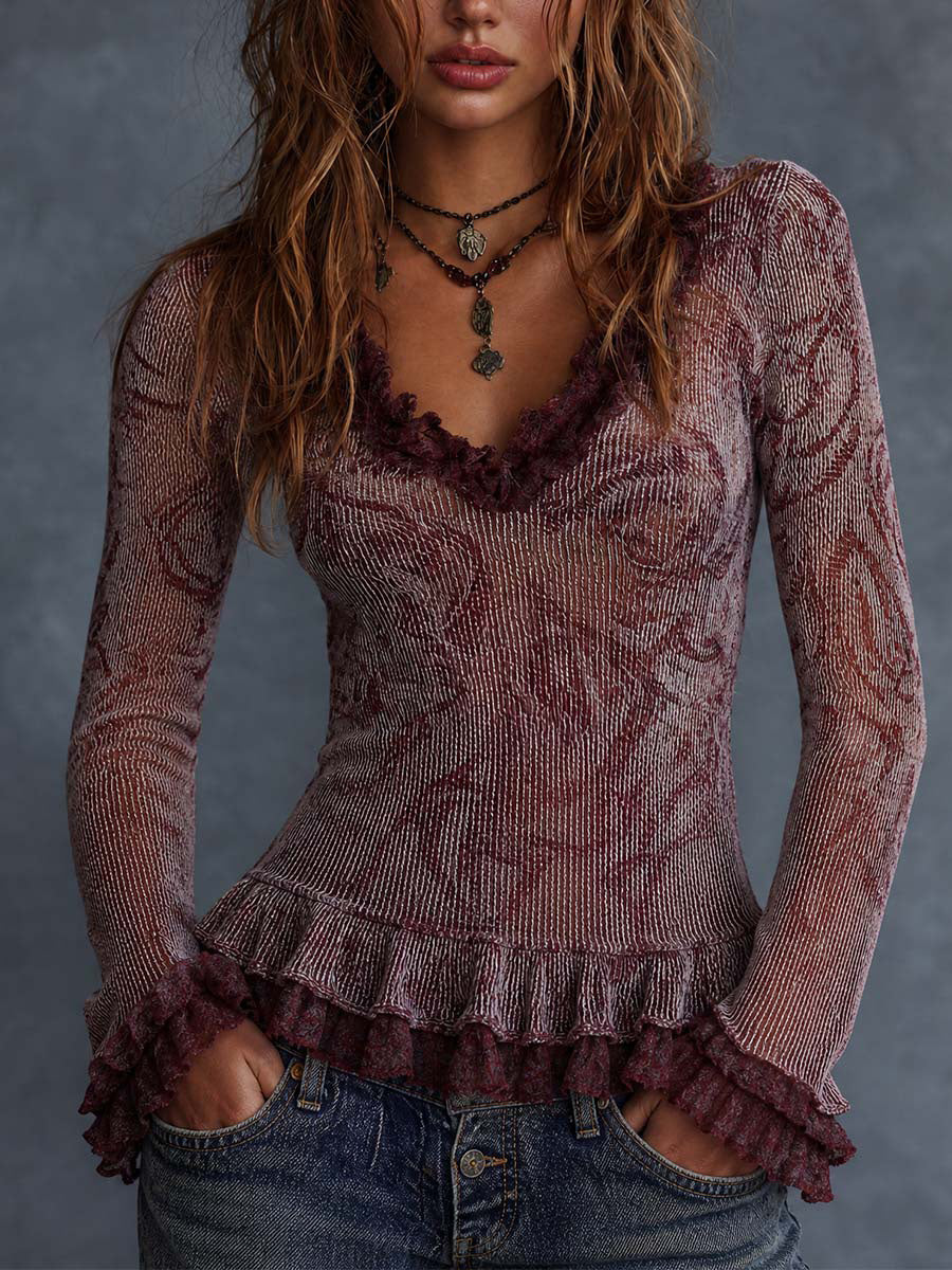 Gaelle - Floral Crinkle Ruffle Top