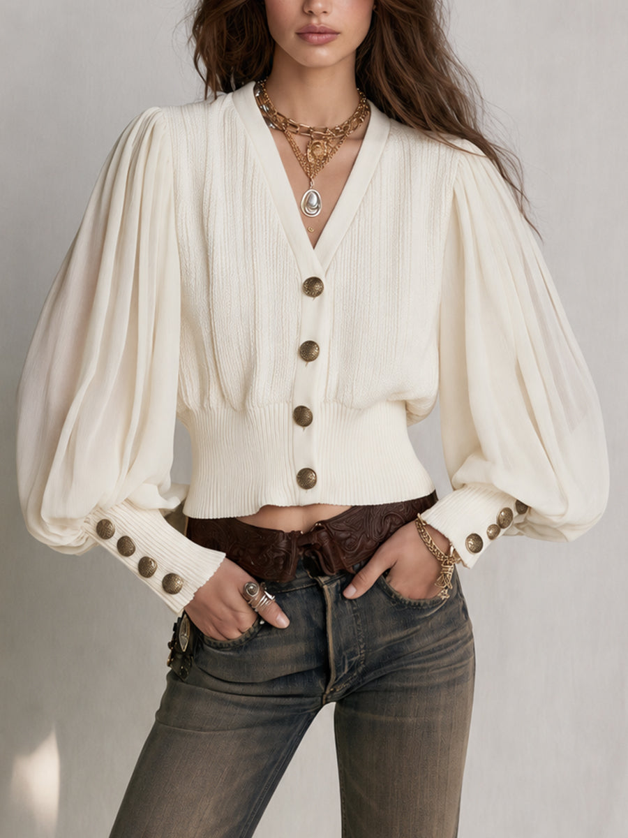Mathilde - Chiffon Sleeve Ribbed Cardigan