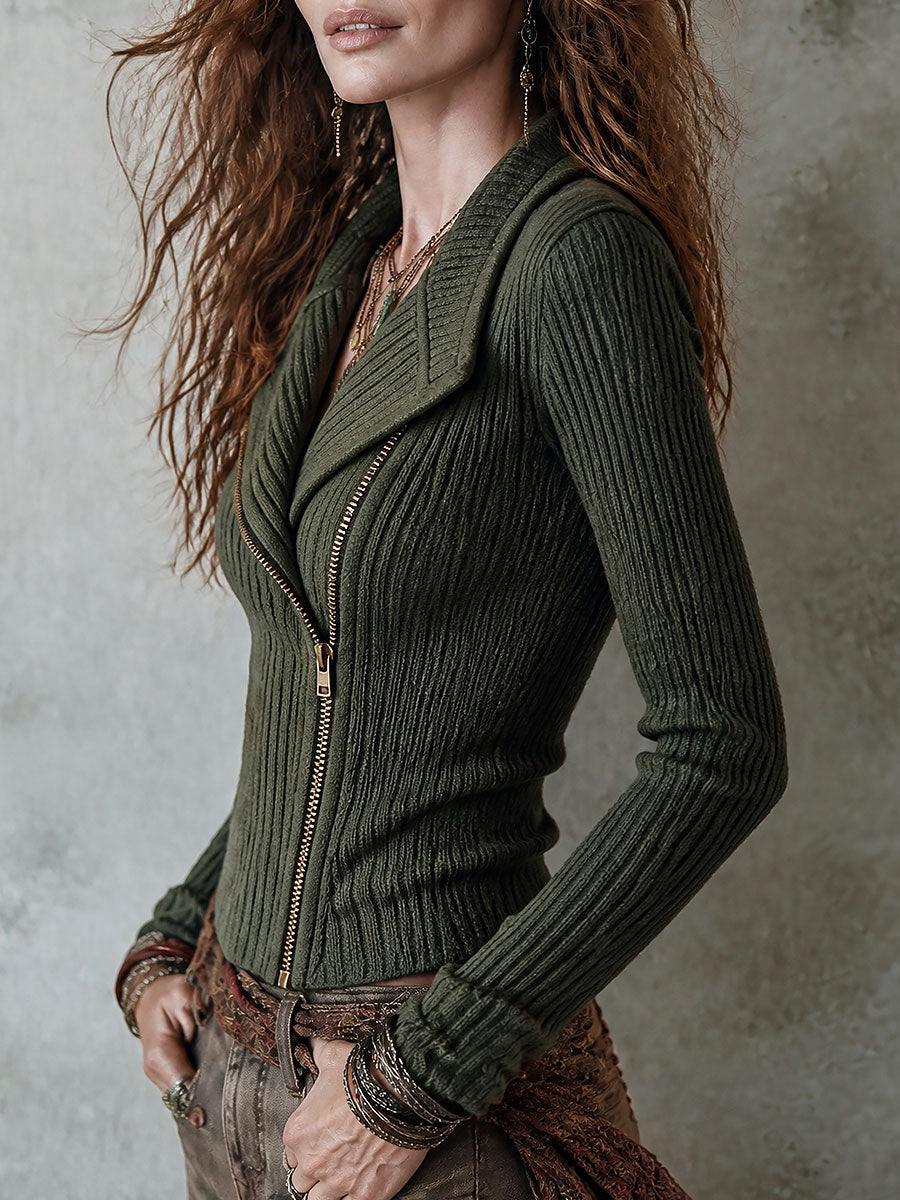 Hortense - Ribbed Zip Moto Sweater