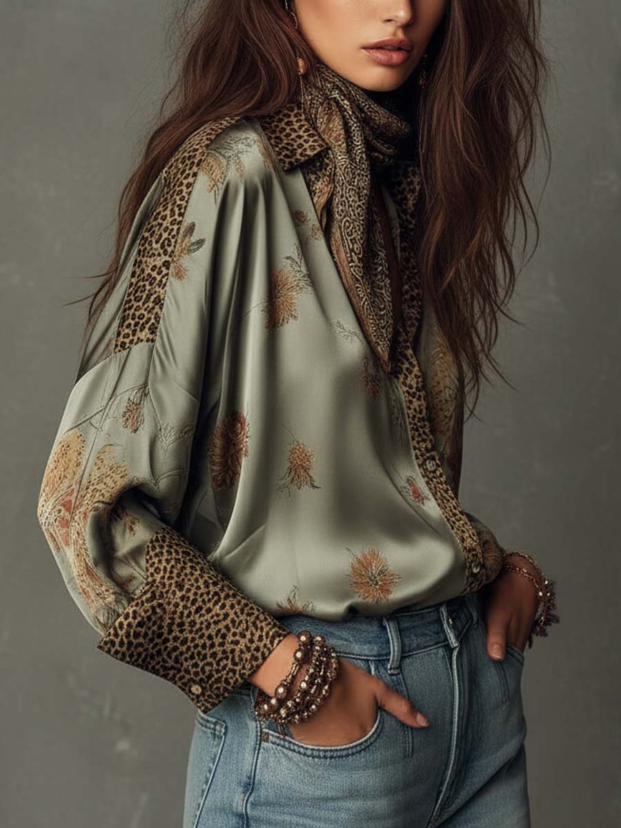 Capucine - Leopard Trim Satin Shirt