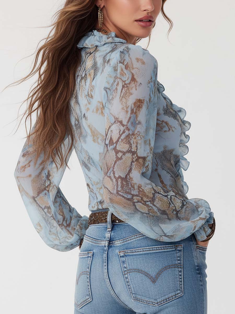 Cassandre - Ruffled Zip Chiffon Blouse