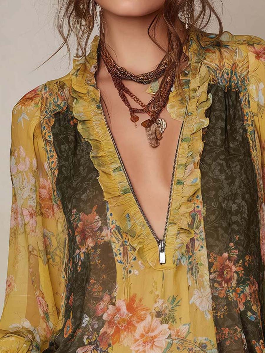 Aude - Zip-Front Floral Chiffon Blouse