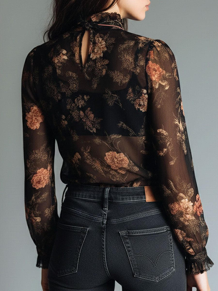 Axelle - Tie Neck Floral Chiffon Blouse
