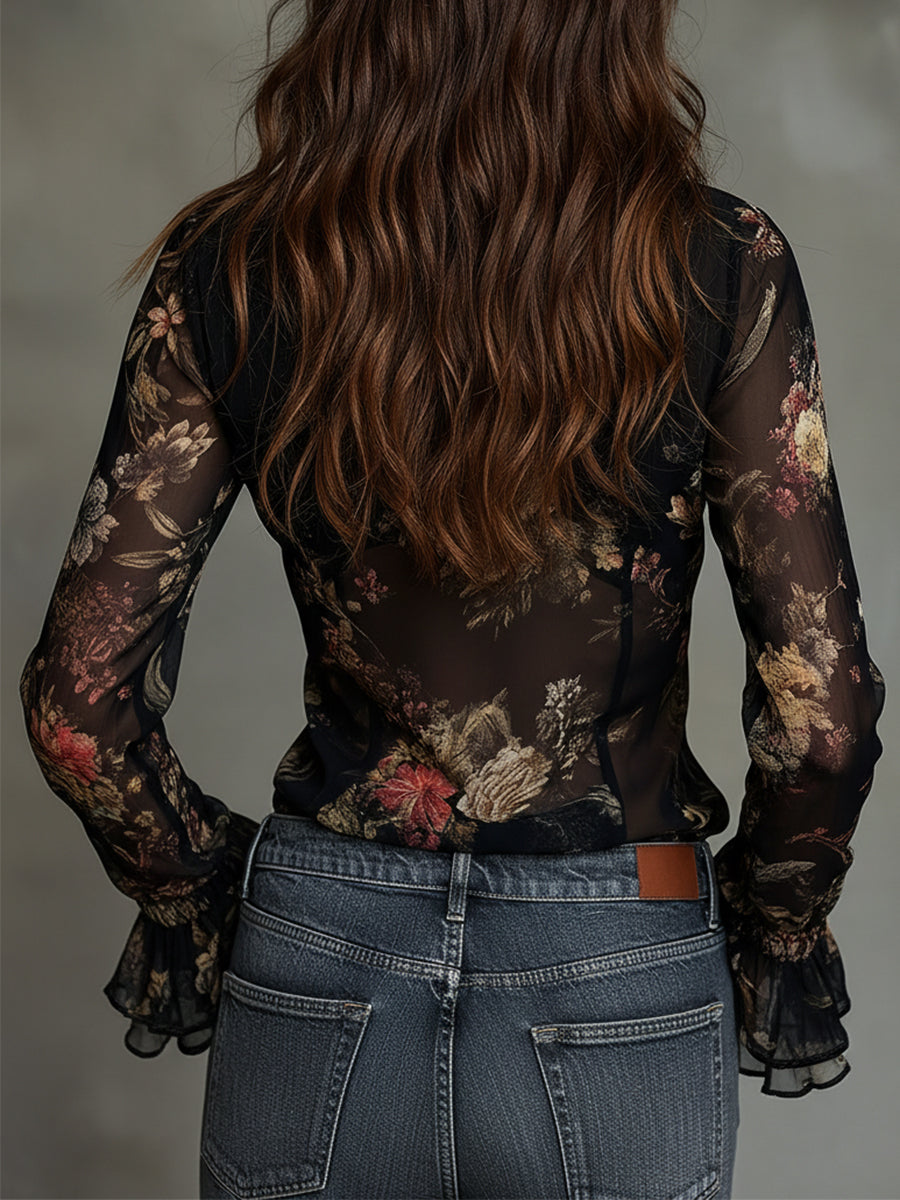 Ambre - Ruffled Print Chiffon Blouse