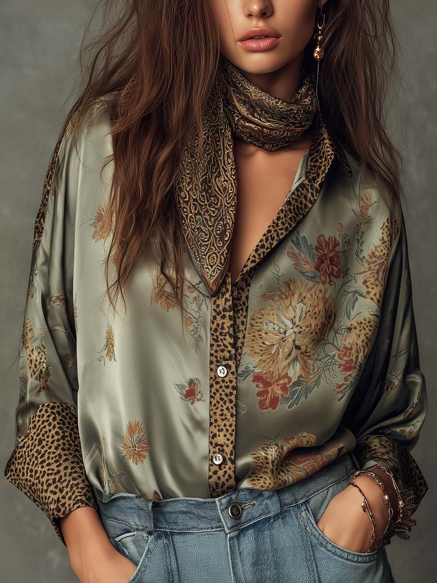 Capucine - Leopard Trim Satin Shirt