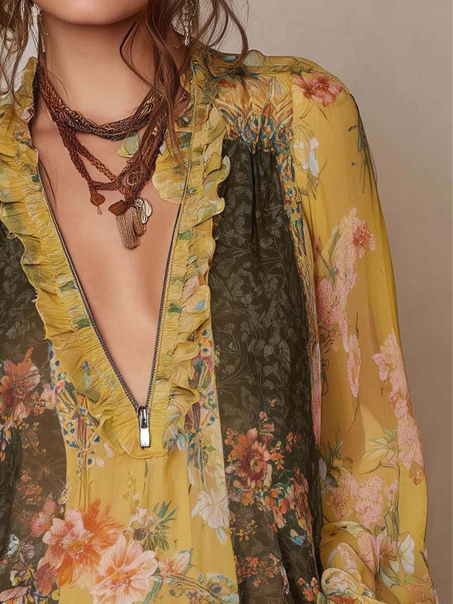 Aude - Zip-Front Floral Chiffon Blouse