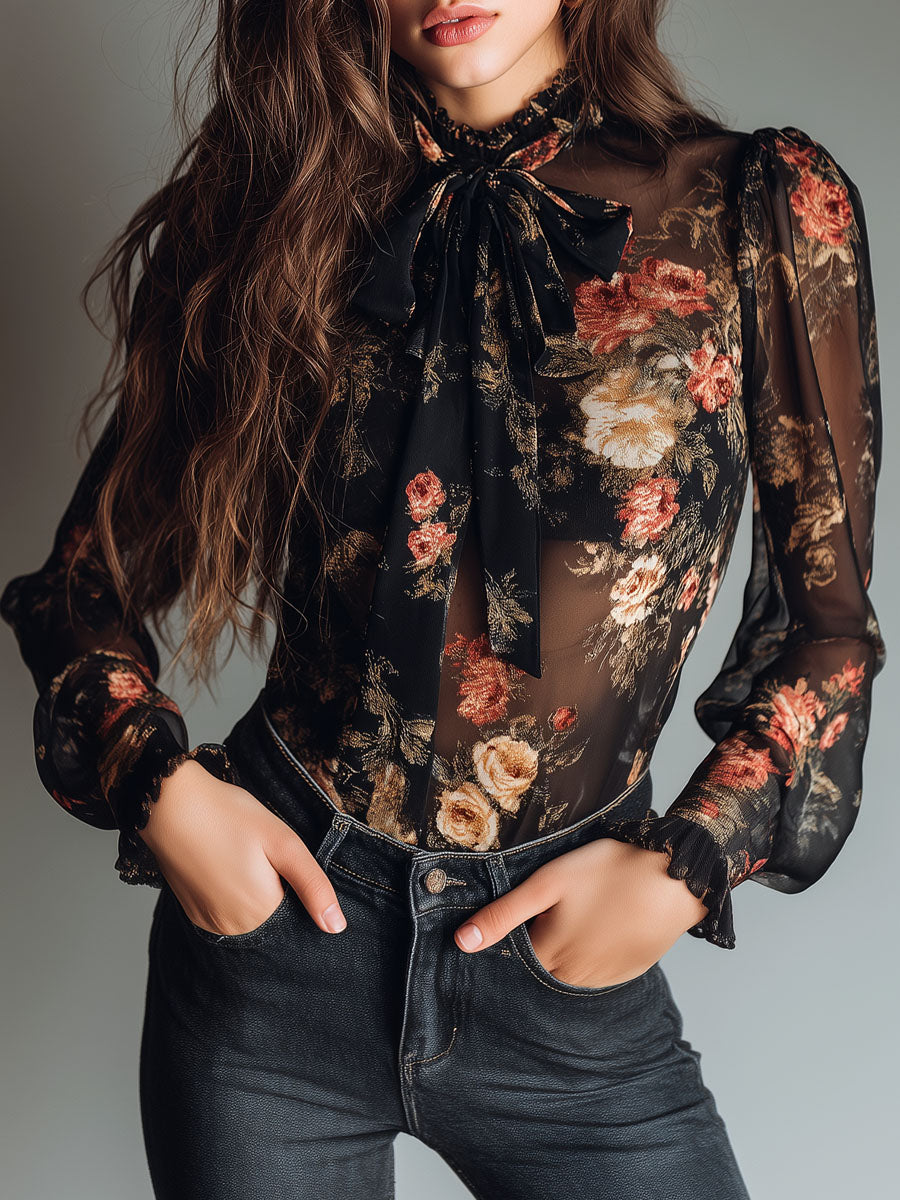 Axelle - Tie Neck Floral Chiffon Blouse