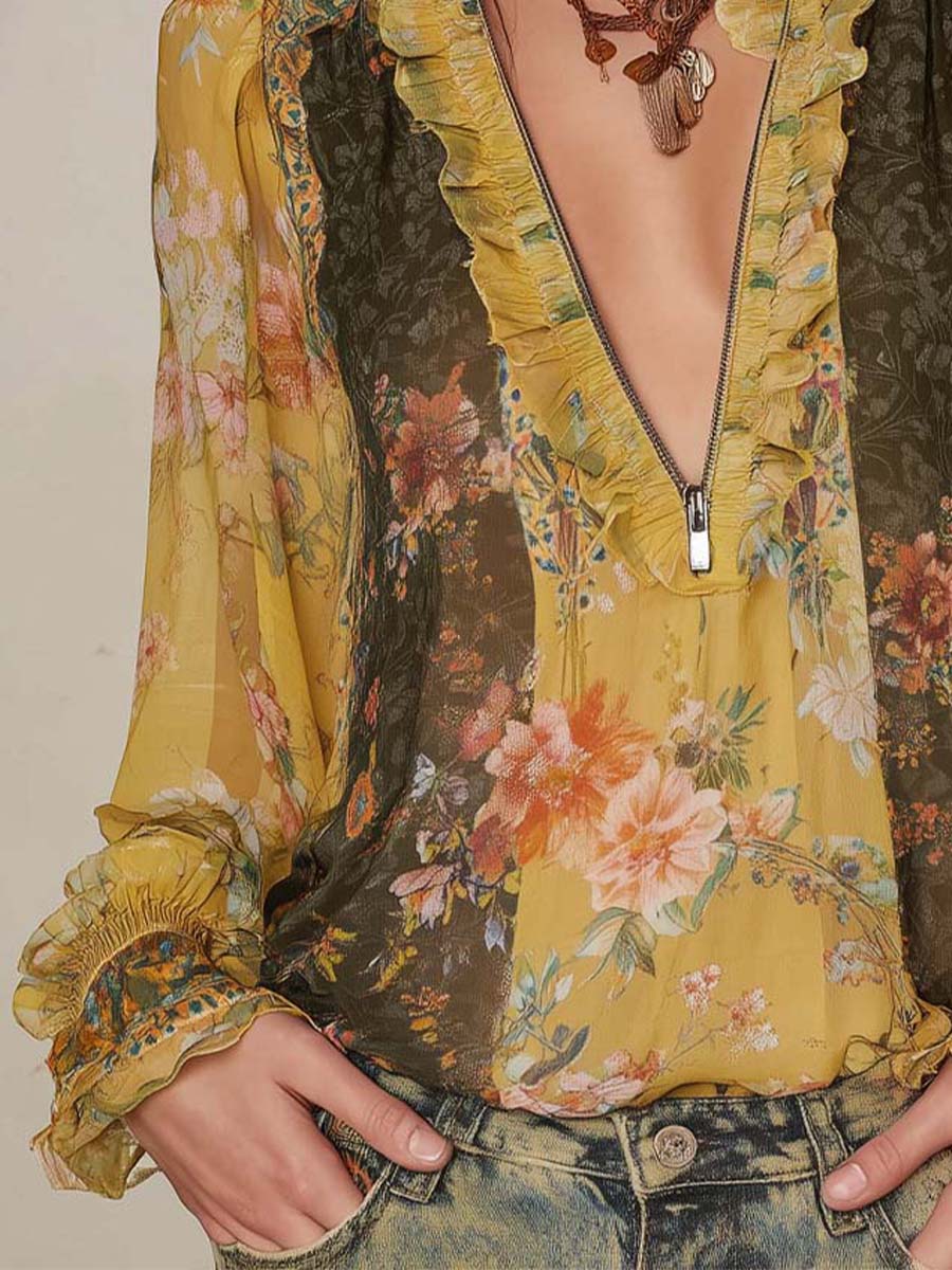 Aude - Zip-Front Floral Chiffon Blouse