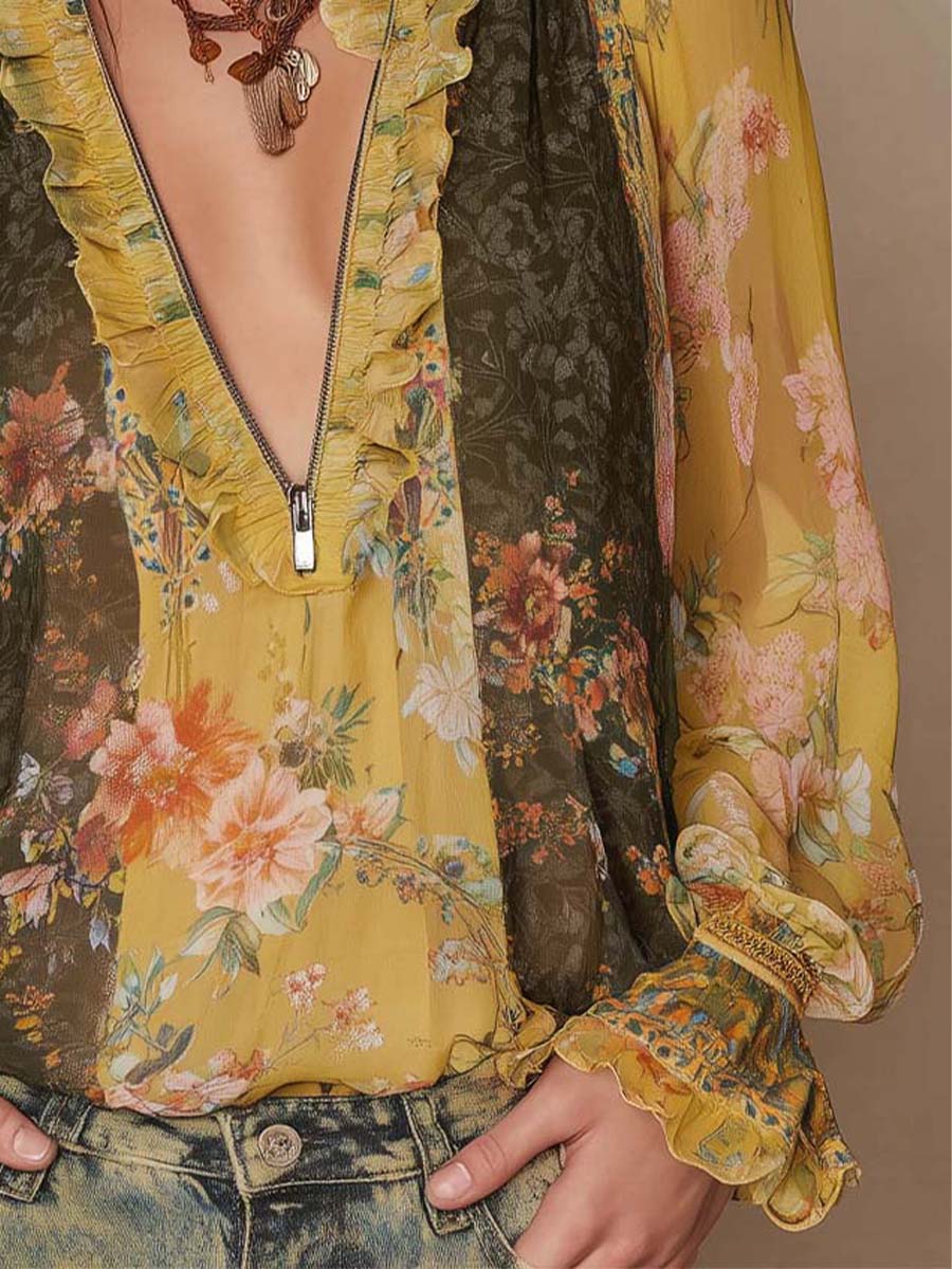 Aude - Zip-Front Floral Chiffon Blouse