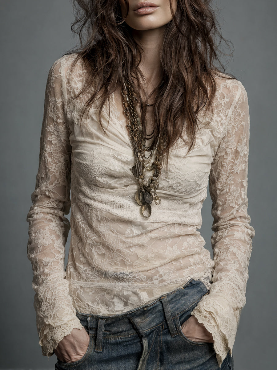 Albane - Cowl Neck Lace Blouse