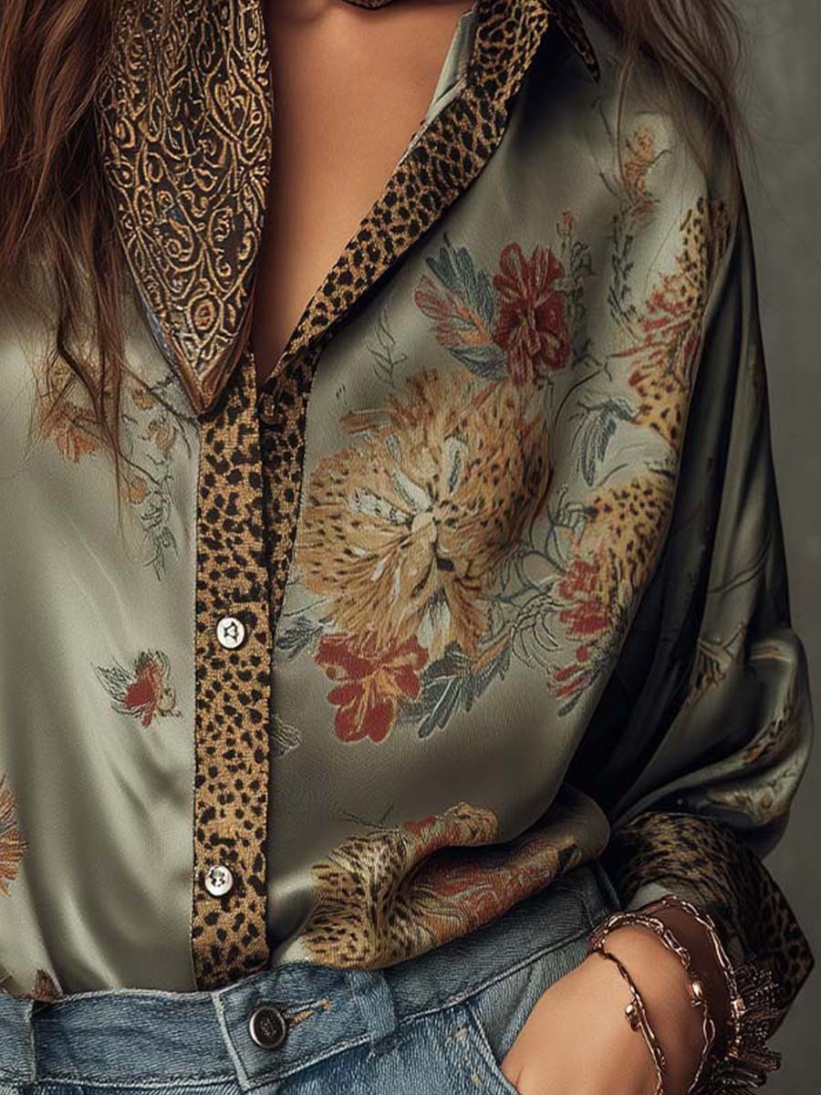 Capucine - Leopard Trim Satin Shirt