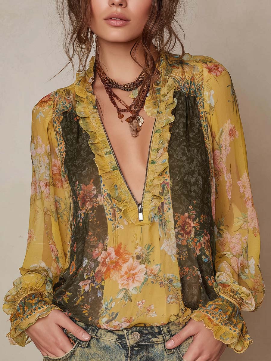 Aude - Zip-Front Floral Chiffon Blouse