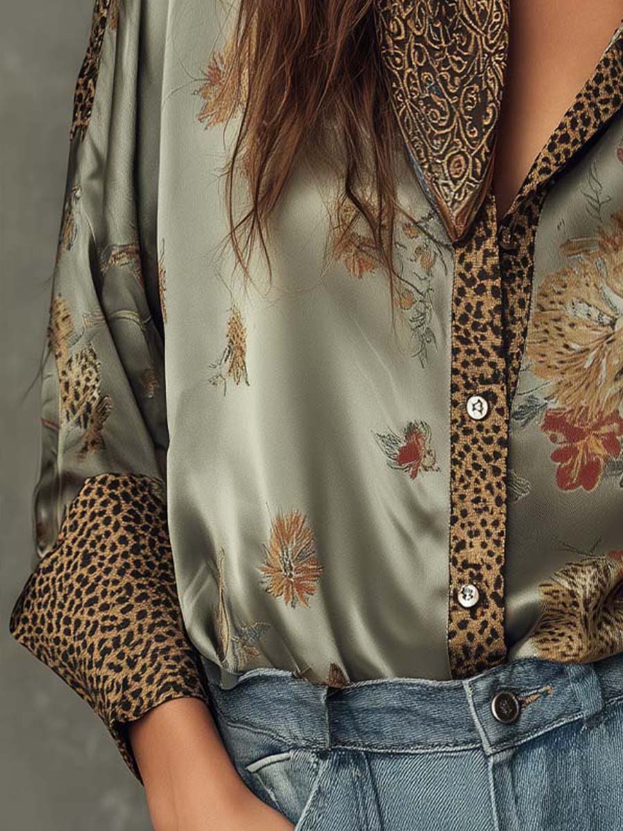 Capucine - Leopard Trim Satin Shirt